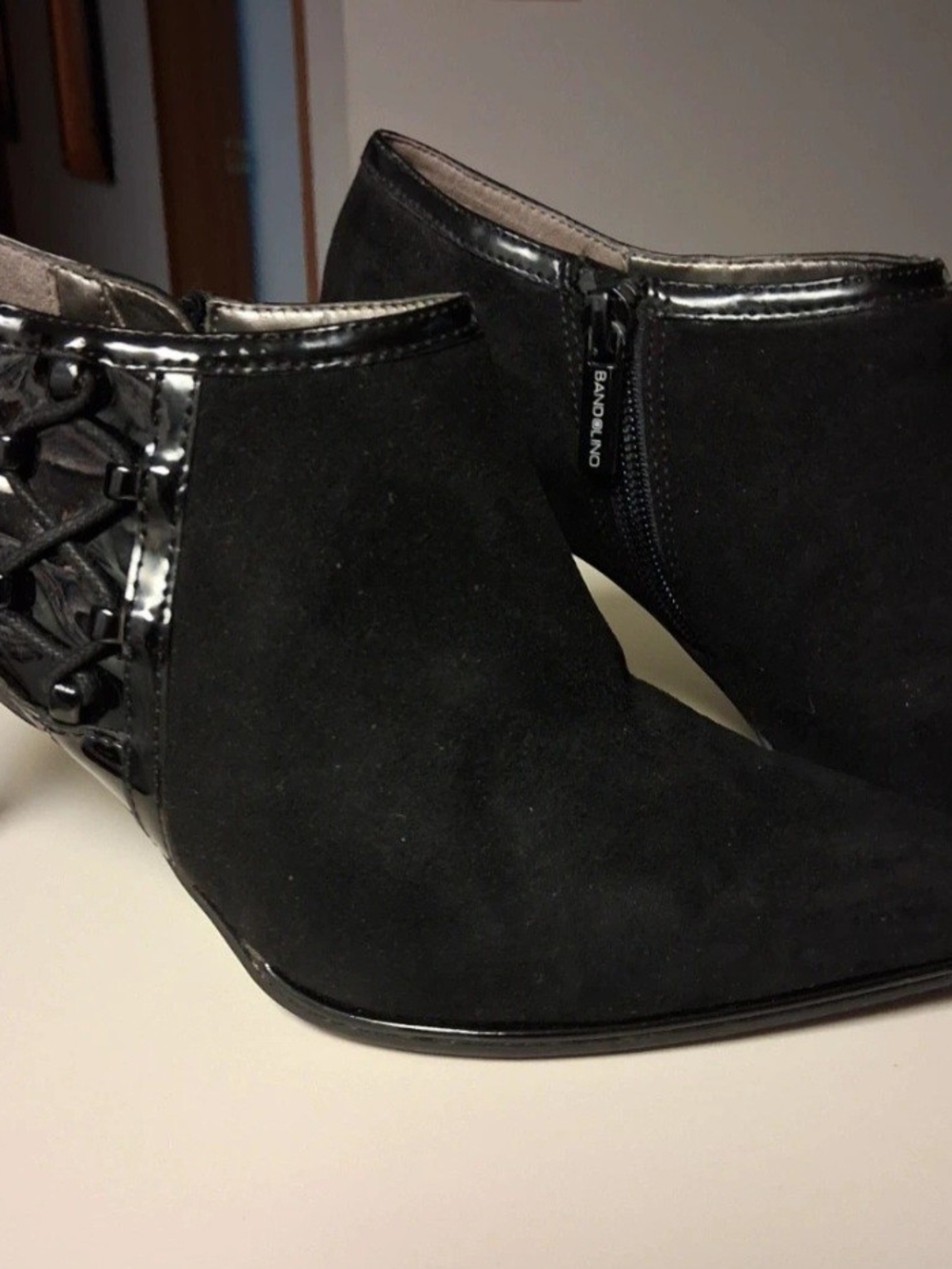 Bandolino Black Suede & Patent Trim Ankle Booties